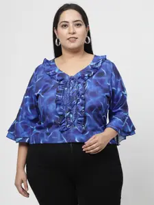 Flambeur Plus Size Abstract Print V-Neck Ruffles Crop Top