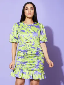 Globus Green & Purple Floral Printed Gathered Satin Sheath Dress
