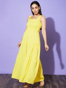 Globus Yellow Georgette Shoulder Strap Tiered Fit & Flare Dress