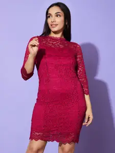 Globus Red Self Design Mock Neck Lace-Up Bodycon Dress