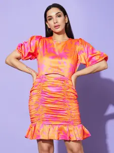Globus Orange & Pink Floral Print Puff Sleeve Cut Out Satin Sheath Dress
