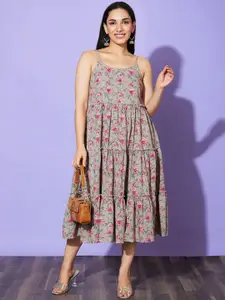 Globus Taupe Floral Print Shoulder Straps Cotton Fusion A-Line Dress