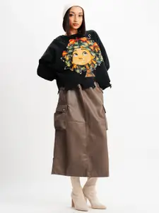 FREAKINS Brown A-Line Leather Cargo Midi Skirt