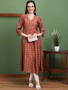 Globus Ethnic Motifs Printed Flared Sleeves Thread Work Floral Kurta