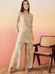 Sangria Floral Printed Tie Up Neck Ethnic Top With Palazzos