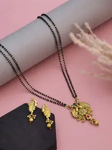 ATIBELLE Gold-Plated Stones-Studded & Beaded Peacock Shaped Mangalsutra With Earrings