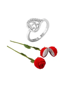 Vighnaharta Rhodium-Plated Cubic Zirconia Studded Finger Ring With Rose Box