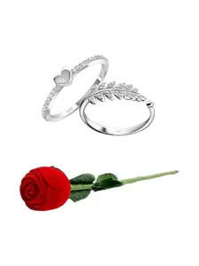 Vighnaharta Set Of 2 Rhodium-Plated Cubic Zirconia-Studded Finger Rings With Rose Box