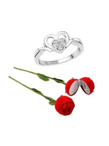 Vighnaharta Rhodium-Plated CZ-Studded Finger Ring With Rose Box