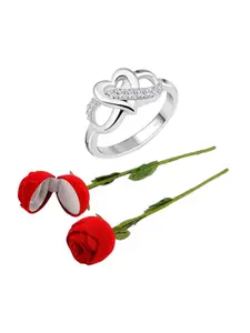 Vighnaharta Rhodium-Plated Cubic Zirconia-Studded Finger Ring With Rose Box