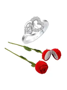 Vighnaharta Rhodium-Plated CZ-Studded Finger Ring With Rose Box