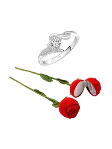 Vighnaharta Rhodium-Plated CZ-Studded Finger Ring With Rose Box