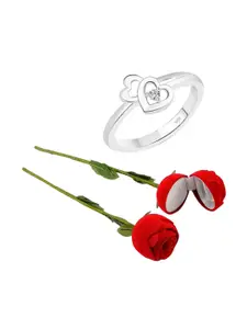 Vighnaharta Rhodium-Plated Cubic Zirconia-Studded Finger Ring With Rose Box