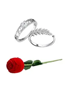 Vighnaharta Set Of 2 Rhodium-Plated Cubic Zirconia Studded Finger Rings With Rose Box