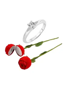 Vighnaharta Rhodium-Plated CZ-Studded Finger Ring With Rose Box