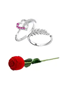 Vighnaharta Set Of 2 Rhodium-Plated CZ-Studded Finger Ring With Rose Box