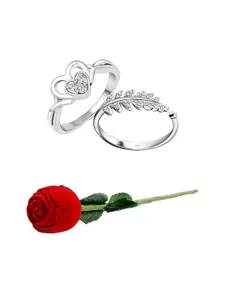 Vighnaharta Set Of 2 Rhodium-Plated Cubic Zirconia-Studded Finger Rings With Rose Box