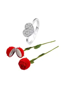 Vighnaharta Rhodium-Plated CZ-Studded Finger Ring With Rose Box