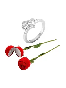 Vighnaharta Set Of 2 Rhodium-Plated CZ-Studded Finger Ring With Rose Box
