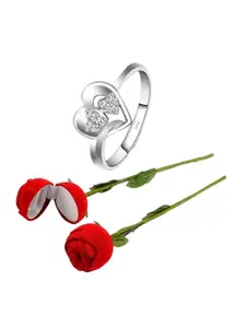 Vighnaharta Rhodium-Plated Cubic Zirconia-Studded Finger Ring With Rose Box