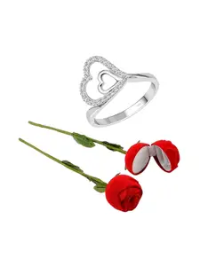 Vighnaharta Rhodium Plated Cubic Zirconia Studded Finger Ring With Rose Box