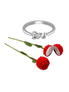 Vighnaharta Rhodium-Plated CZ-Studded Finger Ring With Rose Box