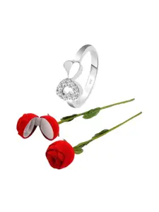 Vighnaharta Rhodium-Plated CZ-Studded Finger Ring With Rose Box