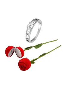 Vighnaharta Rhodium-Plated CZ-Studded Finger Ring With Rose Box