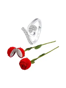 Vighnaharta Rhodium-Plated Cubic Zirconia-Studded Finger Ring With Rose Box