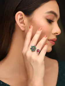 Priyaasi Silver-Plated Artificial Stones Studded Enchanting Floral Adjustable Finger Ring
