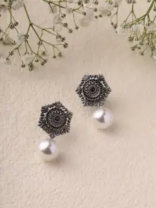 Priyaasi Silver-Plated Pearl Beaded Oxidised Contemporary Drop Earrings