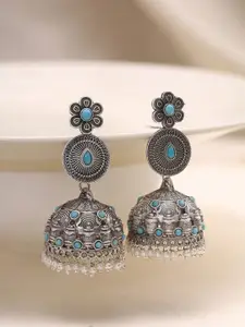 Priyaasi Silver-Plated Floral Shaped Oxidised Jhumkas