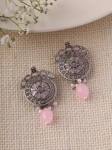 Priyaasi Silver-Plated Oxidised Artificial Beads Studded Drop Earrings