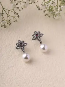 Priyaasi Silver Plated Artificial Beads Oxidized Drop Earrings