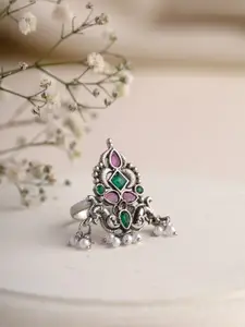 Priyaasi Silver Plated Stones Studded & Beaded Ring