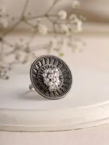 Priyaasi Silver-Plated Pearls-Beaded Adjustable Finger Ring
