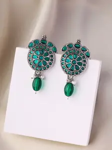 Priyaasi Silver-Plated Oxidised Stone Studded Contemporary Drop Earrings