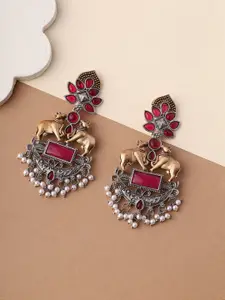 Priyaasi Silver-Plated Artificial Stoned Oxidized Drop Earrings