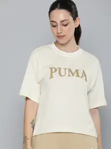 Puma Women PUMA SQUAD Brand Logo Printed Drop-Shoulder Sleeves Pure Cotton T-shirt