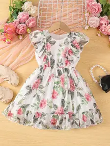 BAESD Girls Floral Print Ruffled Georgette Fit & Flare Dress