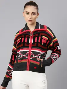 FILA Women Quirky Printed Spread Collar Woolen Oversized Cardigan Sweater