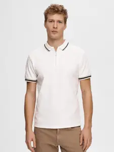 SELECTED Zip-Up Polo Collar Cotton Slim Fit Knitted T-shirt