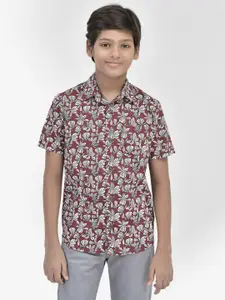 Crimsoune Club Boys Floral Printed Spread Collar Slim Fit Cotton Casual Shirt