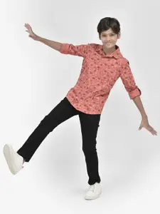 Crimsoune Club Boys Classic Slim Fit Floral Printed Spread Collar Cotton Casual Shirt