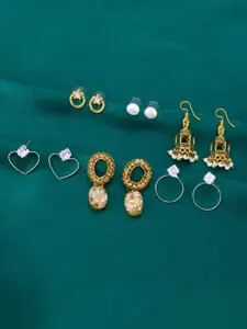 PRIVIU Set of 6 American Diamond Studded & Beaded Drop and Stud Earrings