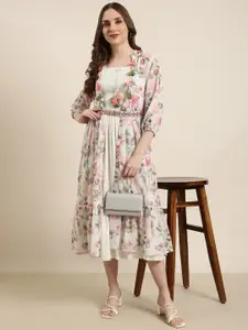 SHOWOFF Floral Printed Smocked Tiered Cotton A-Line Dress With Belt & Over Coat
