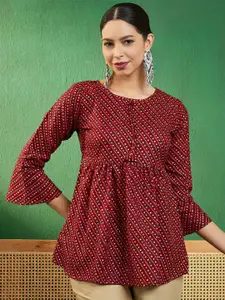 Sangria Maroon Bandhani Printed Round Neck Bell Sleeves Empire Style A-Line Short Kurti