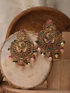 XPNSV Antique Gold-Plated Chandriya Peacock Design Stone Studded Chandbali Earrings