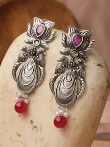XPNSV Silver-Plated Oxidised Stone Studded & Beaded Drop Earrings