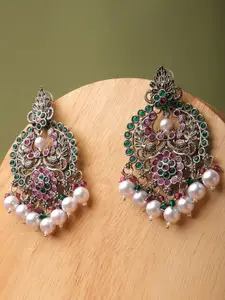 XPNSV Silver-Plated Stone Studded & Beaded Chandbalis